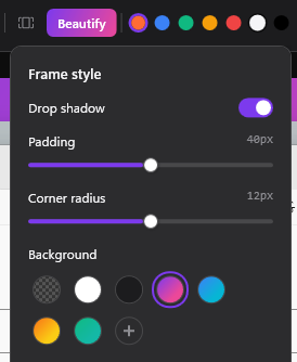 Snipmark Beautify panel showing frame styles, backgrounds and device frames