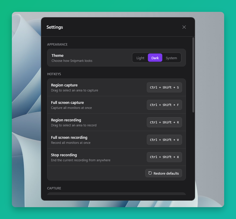Snipmark dark mode with monitor device frame