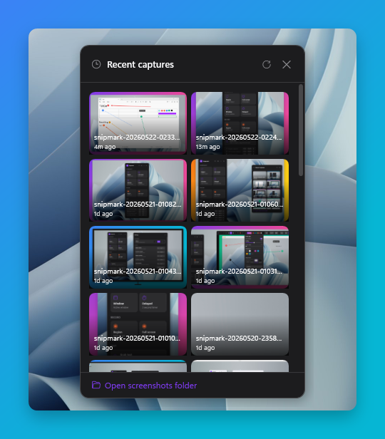 Snipmark history panel showing recent captures
